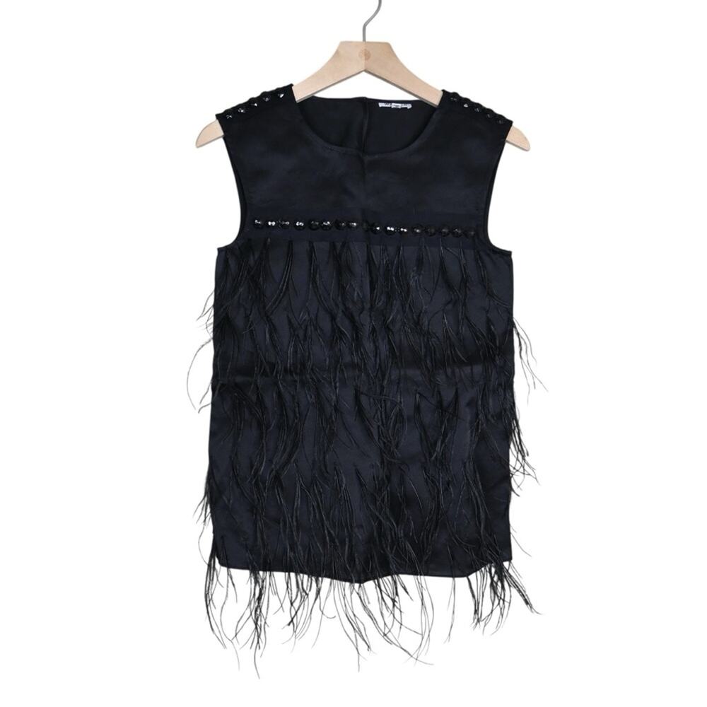 Walter Womens 100% Silk Pullover Blouse with Beads & Feathers in Black